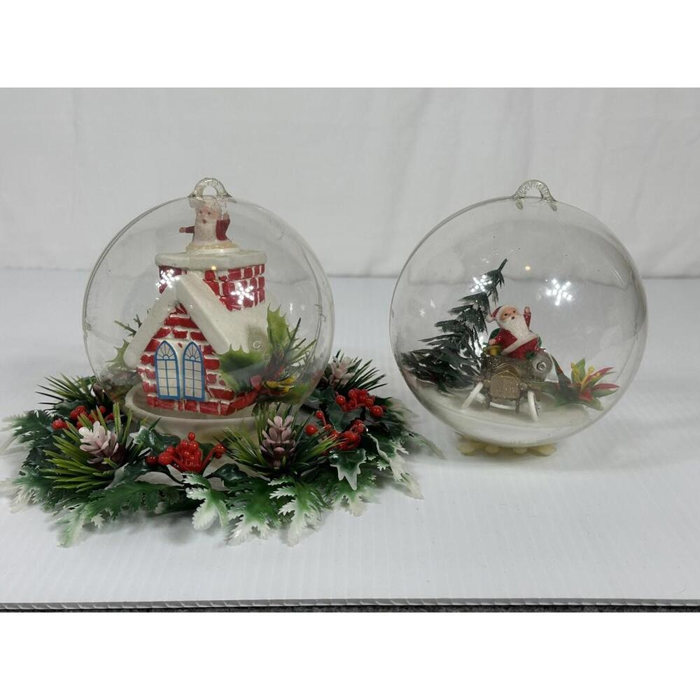 2 Vtg Handmade Plastic Christmas Ornaments Santa Chimney Car Snow Globe Scene XL